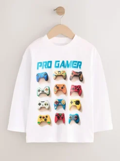 Gamer blanc - T-shirt graphique décontracté en coton à manches longues (3-16ans)