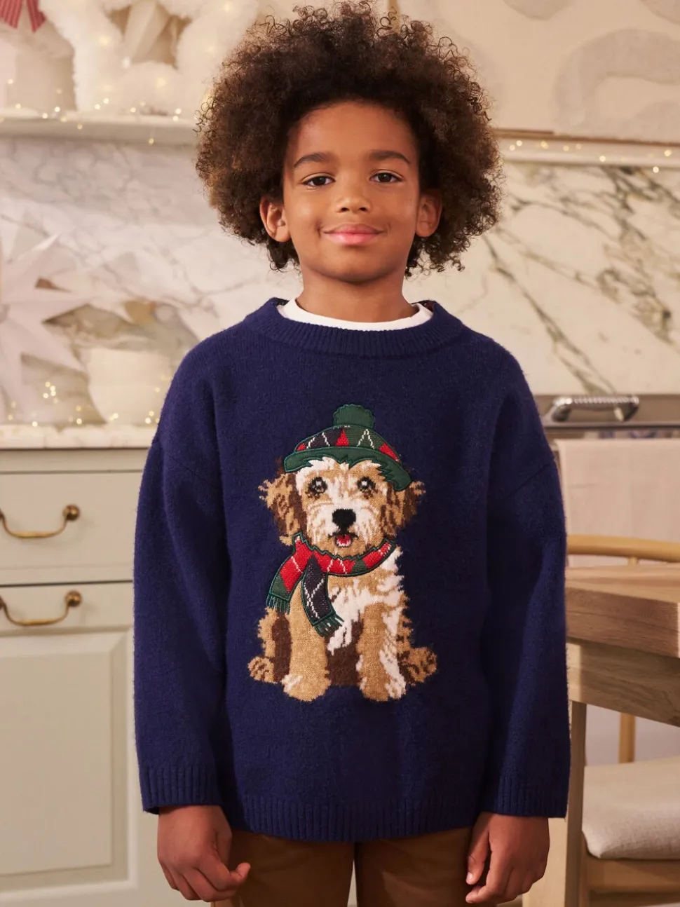 Graphique de chien bleu marine - Pull de Noël familial assorti (3-16ans)