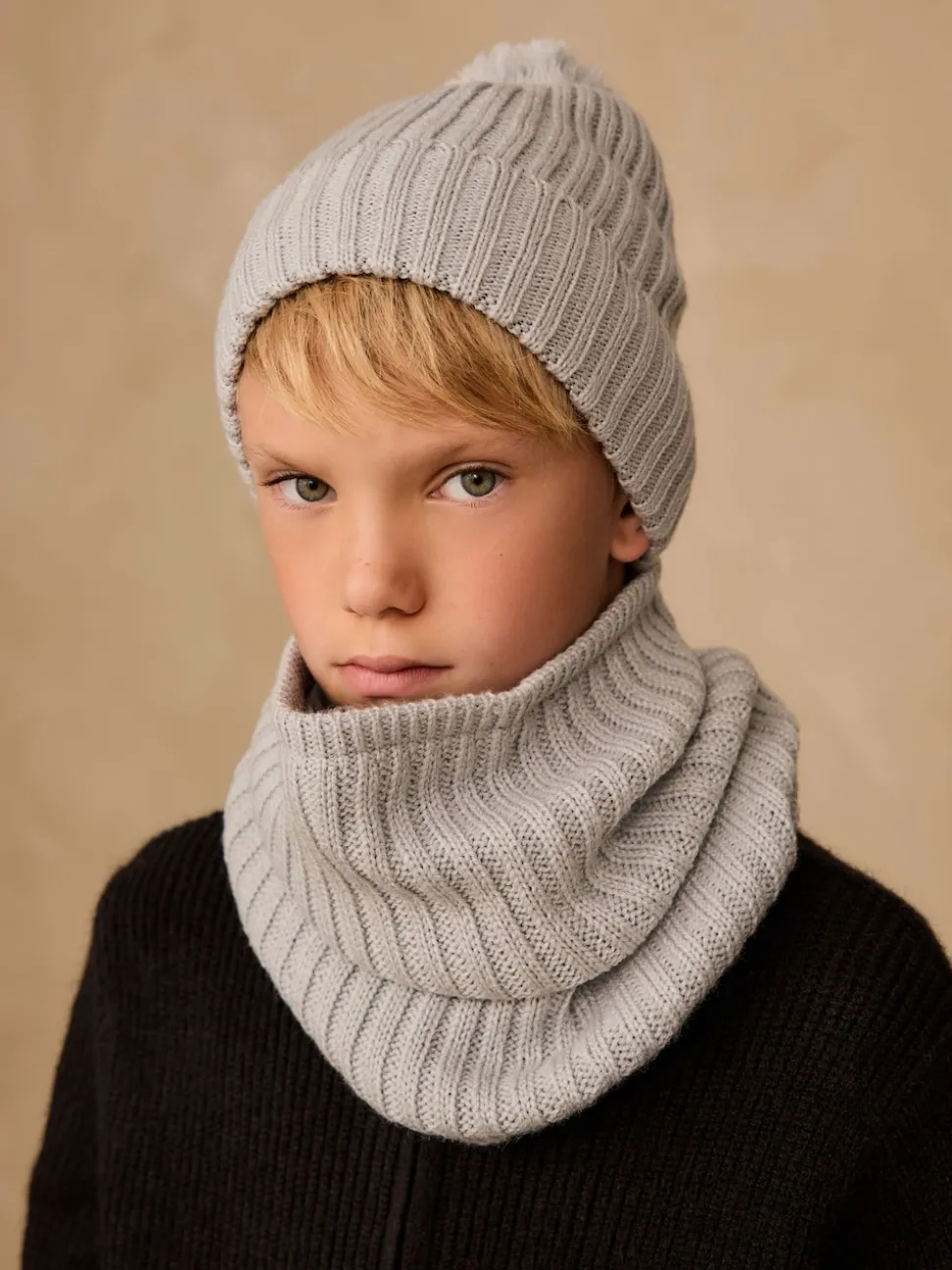 Gris - Ensemble Bonnets et snood à pompon 2 Pieces (1-16ans)