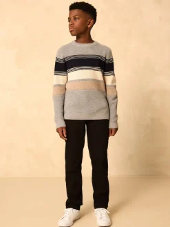 Gris - Pull color block rayé en maille à col ras du cou (3-16ans)