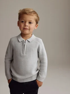 Gris clair - Manches longues Quarter Zip Knitted Polos (3mths-7yrs)