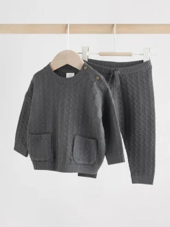 Gris de charbon de bois - Ensemble bébé pull et legging en tricot texturé 100 % coton (0mois -3ans)