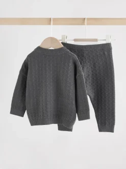 Gris de charbon de bois - Ensemble bébé pull et legging en tricot texturé 100 % coton (0mois -3ans)
