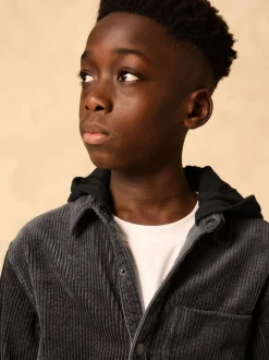 Gris de charbon de bois - Surchemise à capuche en velours côtelé (3-16ans)