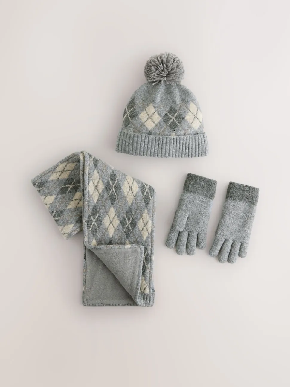 Gris/blanc à losanges - Ensemble chapeau, écharpe et gants 3 pièces (3-16ans)