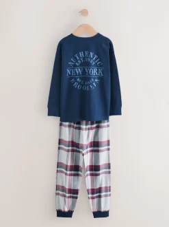 Gris/Bleu - Lot de 2 pyjamas en tissu à carreaux à manches longues (3-16ans)