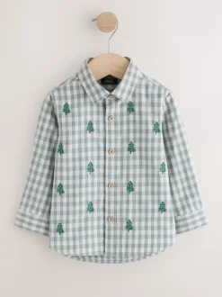Gris/Ecru - Chemise de Noël à carreaux vichy brodée à manches longues (3mois7ans)