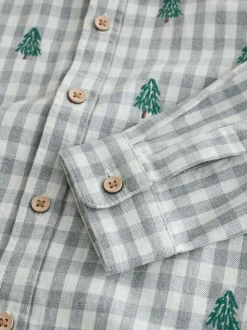 Gris/Ecru - Chemise de Noël à carreaux vichy brodée à manches longues (3mois7ans)