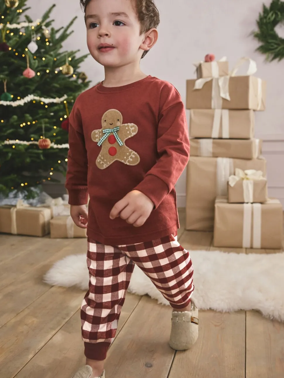 Homme de pain d’épices rouge/vert - Pyjama de Noël simple (9mois-10ans)
