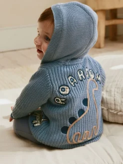 Imprimé dinosaures bleu marine brodé - Cardigan à capuche en maille bébé (0 mois-2 ans)