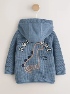Imprimé dinosaures bleu marine brodé - Cardigan à capuche en maille bébé (0 mois-2 ans)
