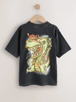 Imprimé graffiti noir avec dos de dinosaure - T-shirt graphique Manches courtes Relaxed Fit (3-16yrs)