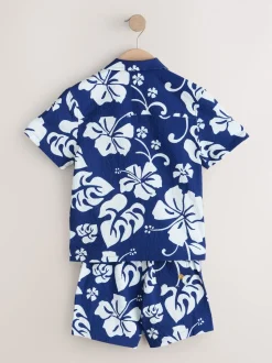 Imprimé hawaïen bleu marine - Ensemble shorts de bain et chemise (3-16ans)