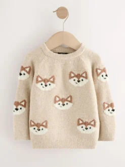Imprimé renard neutre - Pull col rond en maille (3mois-7ans)