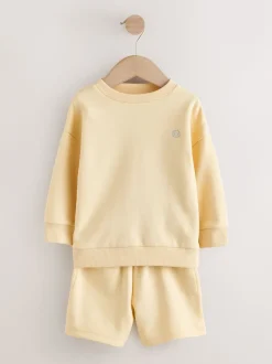 Jaune clair - Ensemble Sweat-shirt et Shorts uni à Col rond (3mois -7ans)