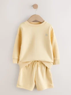Jaune clair - Ensemble Sweat-shirt et Shorts uni à Col rond (3mois -7ans)
