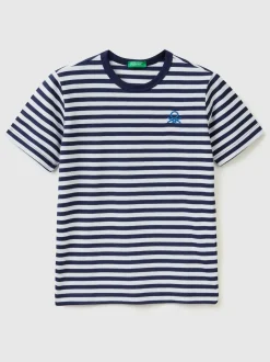 marine - Benetton Garçons T-shirt rayé avec logo en 100% coton