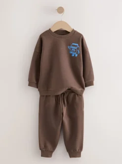 Marron chocolat - Ensemble sweat et Joggings imprimé à Col rond (3mois-7ans)