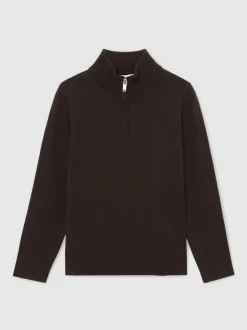 Marron chocolat - Pull Reiss Blackhall à quart de zip en laine mérinos