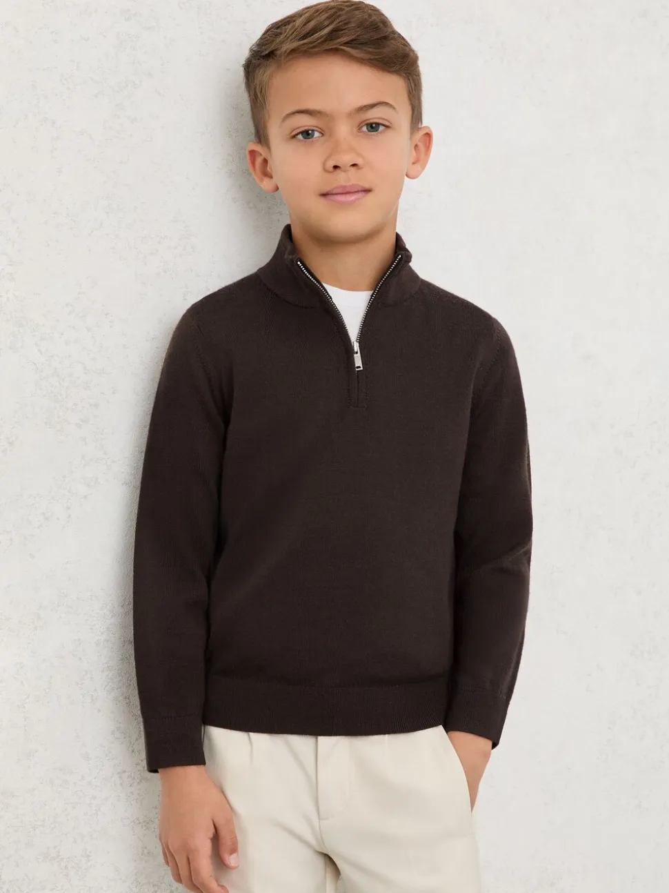 Marron chocolat - Pull Reiss Blackhall à quart de zip en laine mérinos