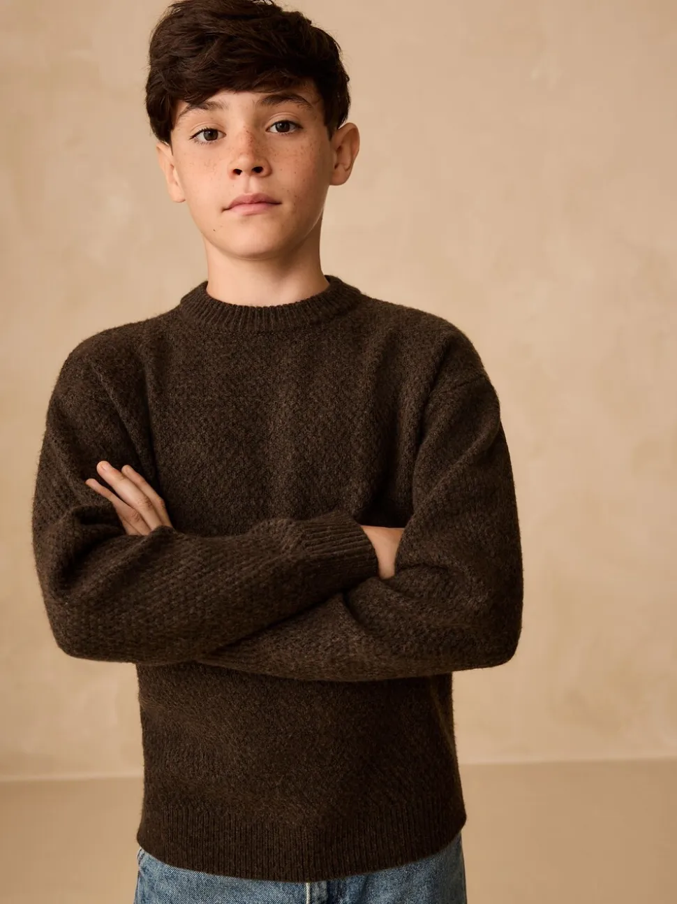 Marron chocolat - Pull texturé en maille à col rond (3-16ans)