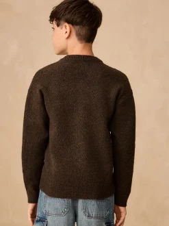 Marron chocolat - Pull texturé en maille à col rond (3-16ans)