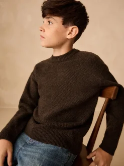 Marron chocolat - Pull texturé en maille à col rond (3-16ans)