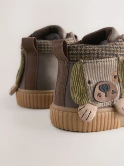 Marron chocolat motif chien - Bottines à fermeture scratch