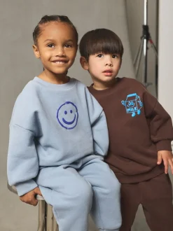 Marron et Bleu chocolat - Ensemble sweat et Joggings imprimé à Col rond (3mois-7ans)