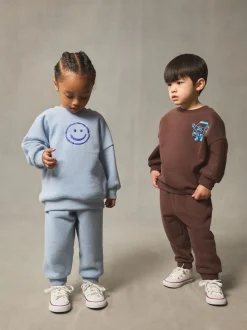 Marron et Bleu chocolat - Ensemble sweat et Joggings imprimé à Col rond (3mois-7ans)