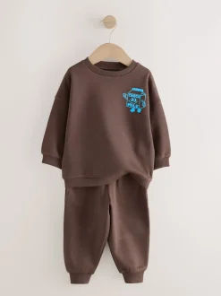 Marron et Bleu chocolat - Ensemble sweat et Joggings imprimé à Col rond (3mois-7ans)