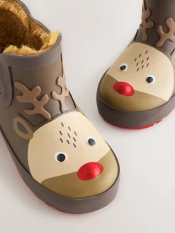 Marron motif renne - Bottines en caoutchouc avec doublure chaude