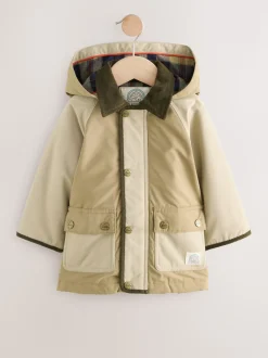 Marron neutre - Manteau à capuche avec col en velours côtelé résistant à la douche (3mois-7ans)