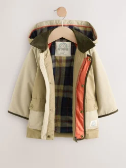 Marron neutre - Manteau à capuche avec col en velours côtelé résistant à la douche (3mois-7ans)