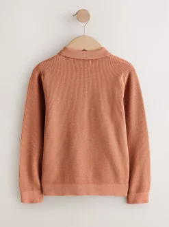 Marron rouille - Polo en maille à manches longues et col zippé (3-16ans)