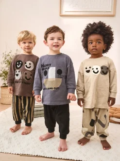 Marron/Crème heureux visage - Lot de 3 pyjamas oversize (9mois-10ans)