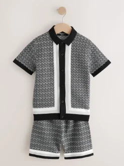 monochrome - Ensemble polo et short en maille géométrique à boutons (3-16ans)