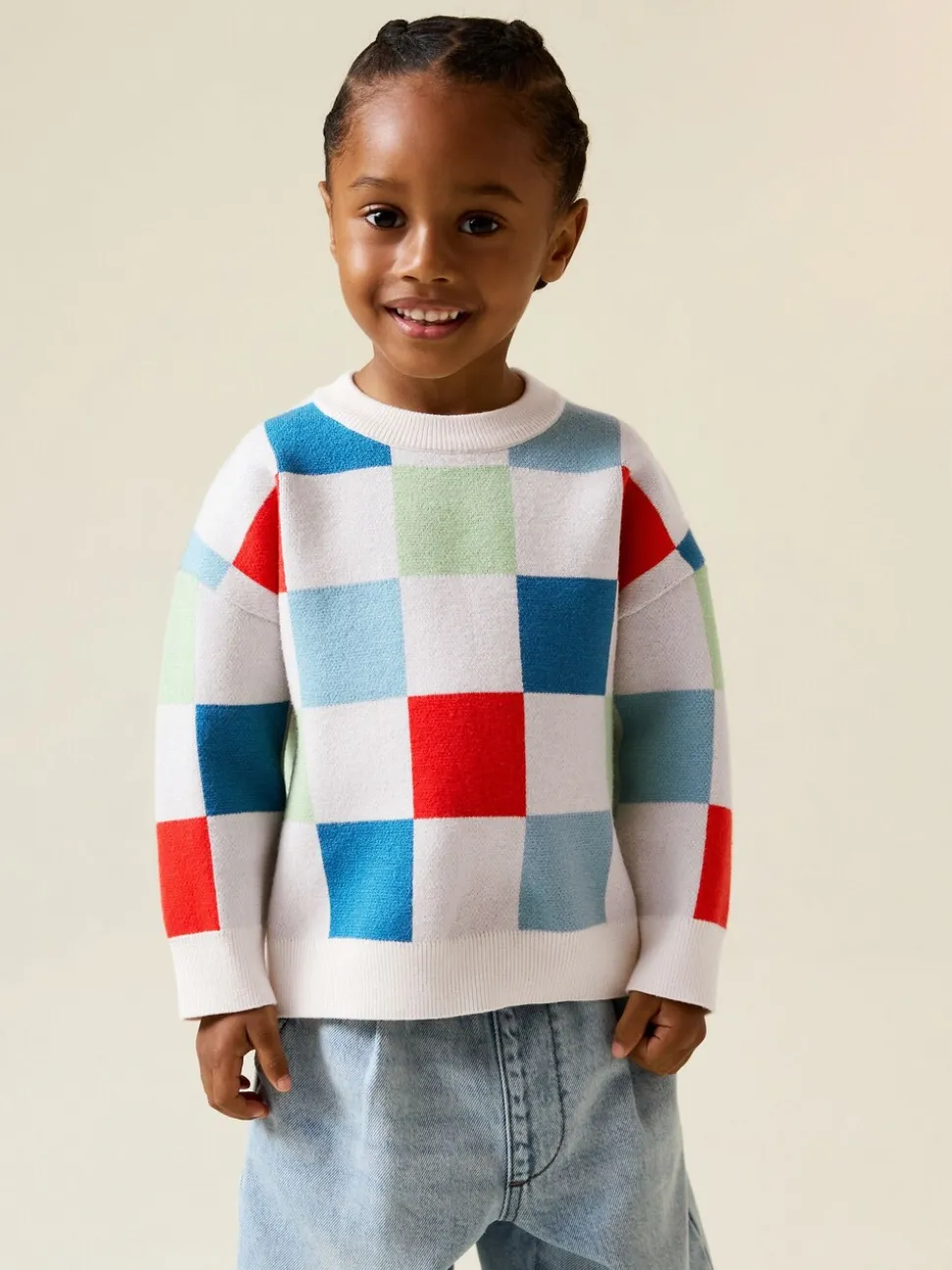 Motif à damier coloré - Pull col rond en maille (3mois-7ans)