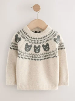 Motif ours neutre - Pull à col rond en maille Motif Fair Isle (3mois-7ans)
