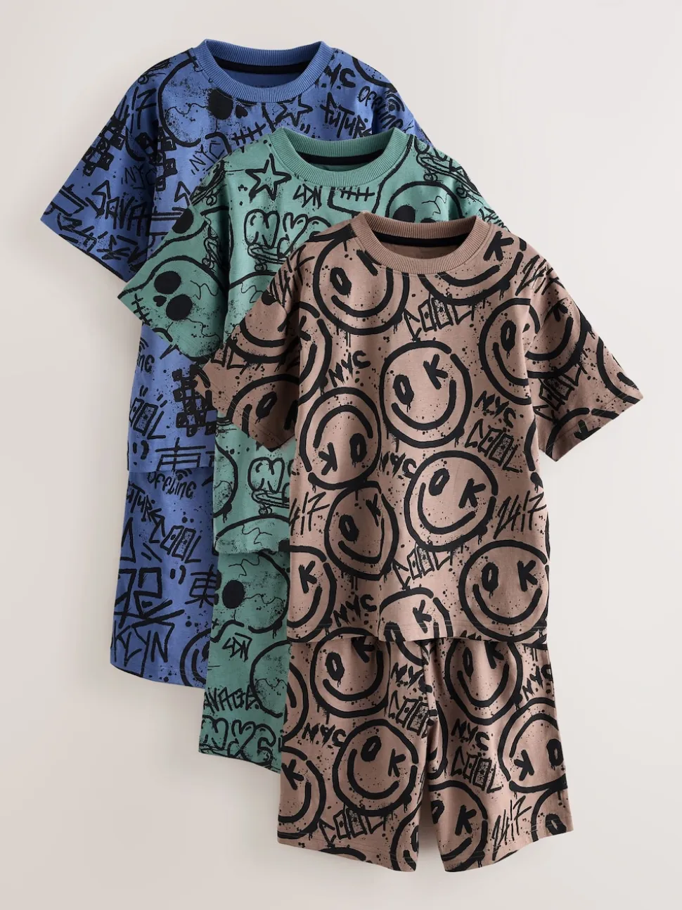 Multicolore motif graffiti - 100Pyjama court en coton % 3 Lot (4-16ans)