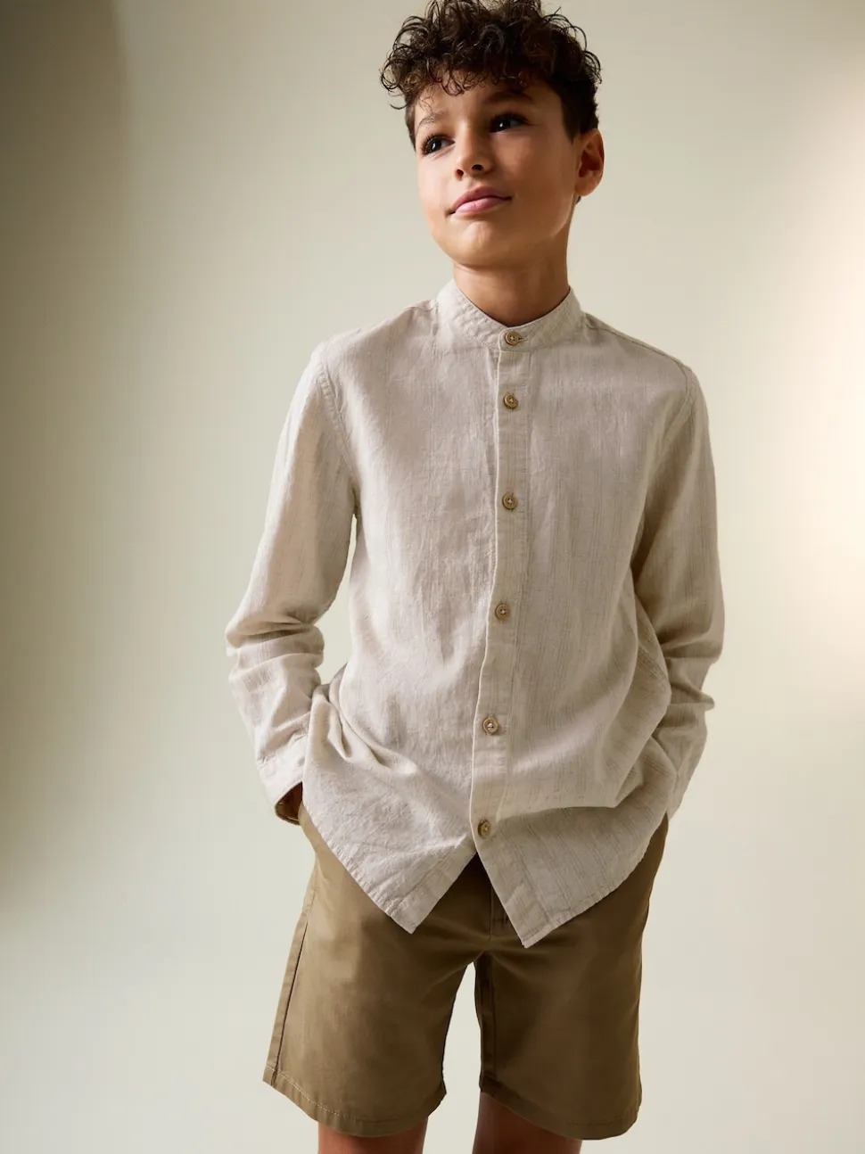 neutre - Chemise à manches longues Grandad Collar Lin Mix (3-16yrs)