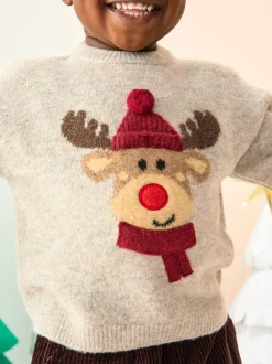 Neutre/gris renne - Pull de Noël en maille (3 mois-7 ans)