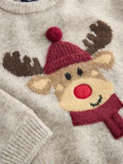 Neutre/gris renne - Pull de Noël en maille (3 mois-7 ans)