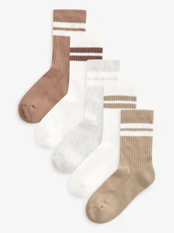 Neutre/marron/blanc/gris - Cushioned Semelle intérieure Cotton Rich Ribbed Tipped Chaussettes 5 Lot