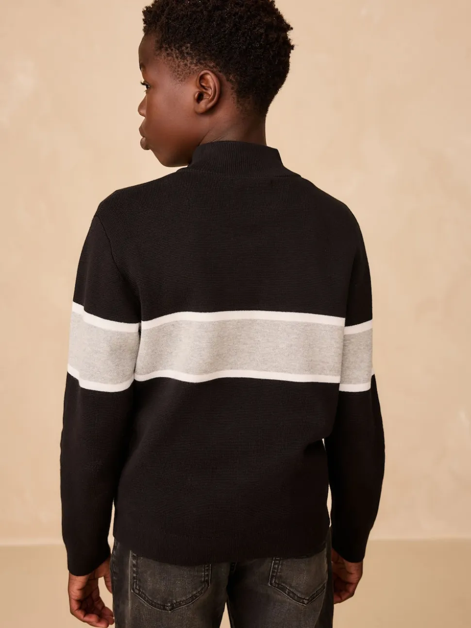 Noir - Pull colorblock en maille à col zippé (3-16ans)