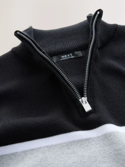 Noir - Pull colorblock en maille à col zippé (3-16ans)