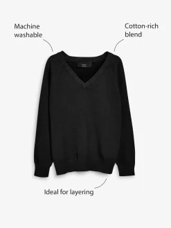 Noir. - Pull scolaire tricoté à col en V (3-16ans)