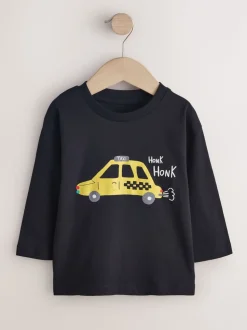 Noir motif voiture - T-shirt imprimé graphique à manches longues (3mois-8ans)