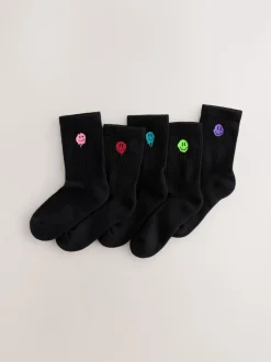 Noir Smiley - Lot de 5 paires de chaussettes côtelées Sport