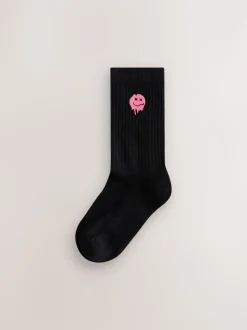 Noir Smiley - Lot de 5 paires de chaussettes côtelées Sport